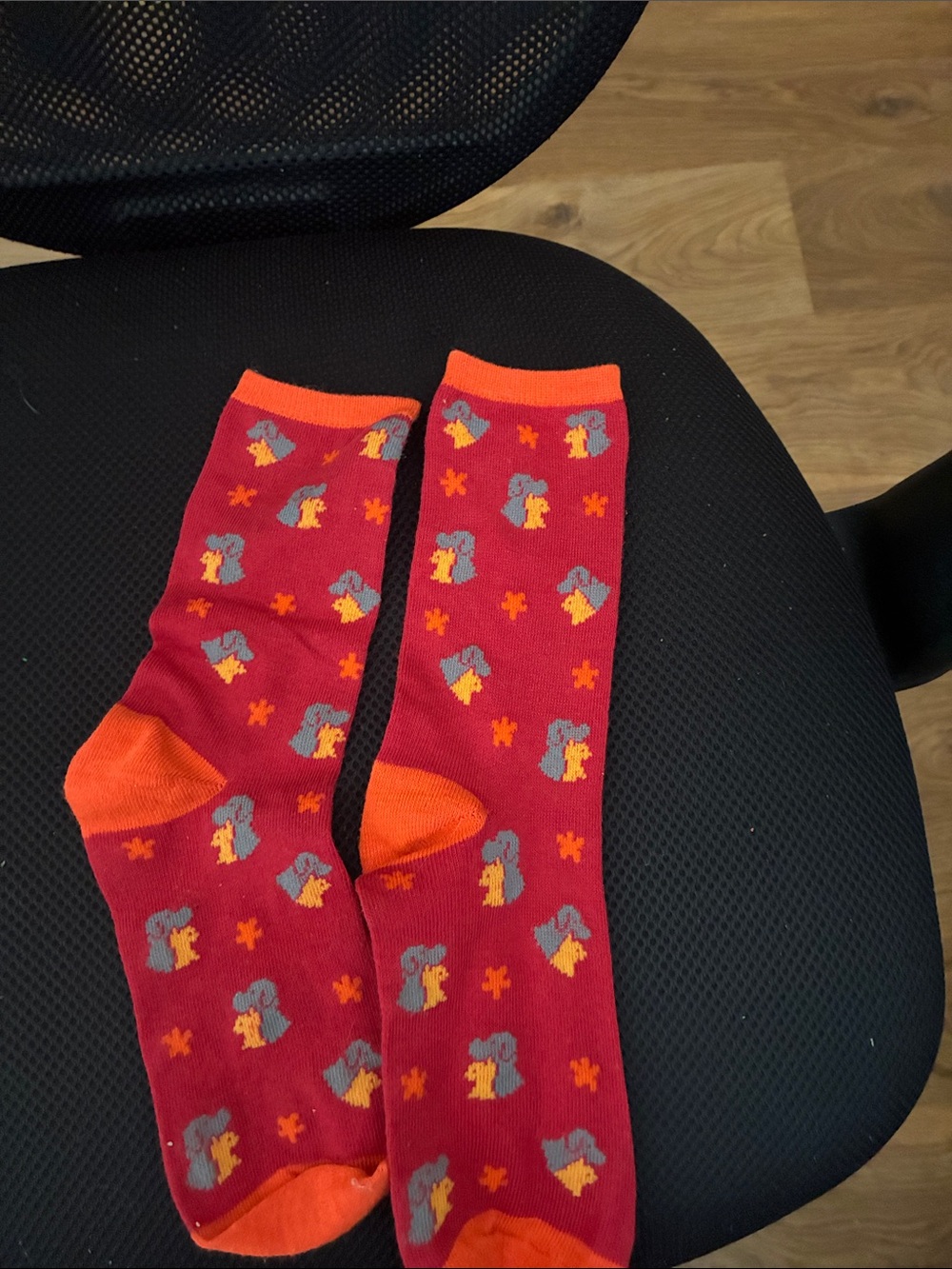 Women's Red dogs Pattern Crew Socks with Orange Accents